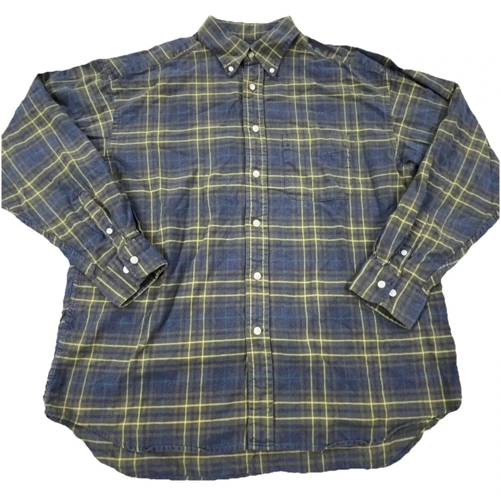 Banana Republic Flannel Shirt Men Large Blue Green Button Up Tartan Plaid Camp